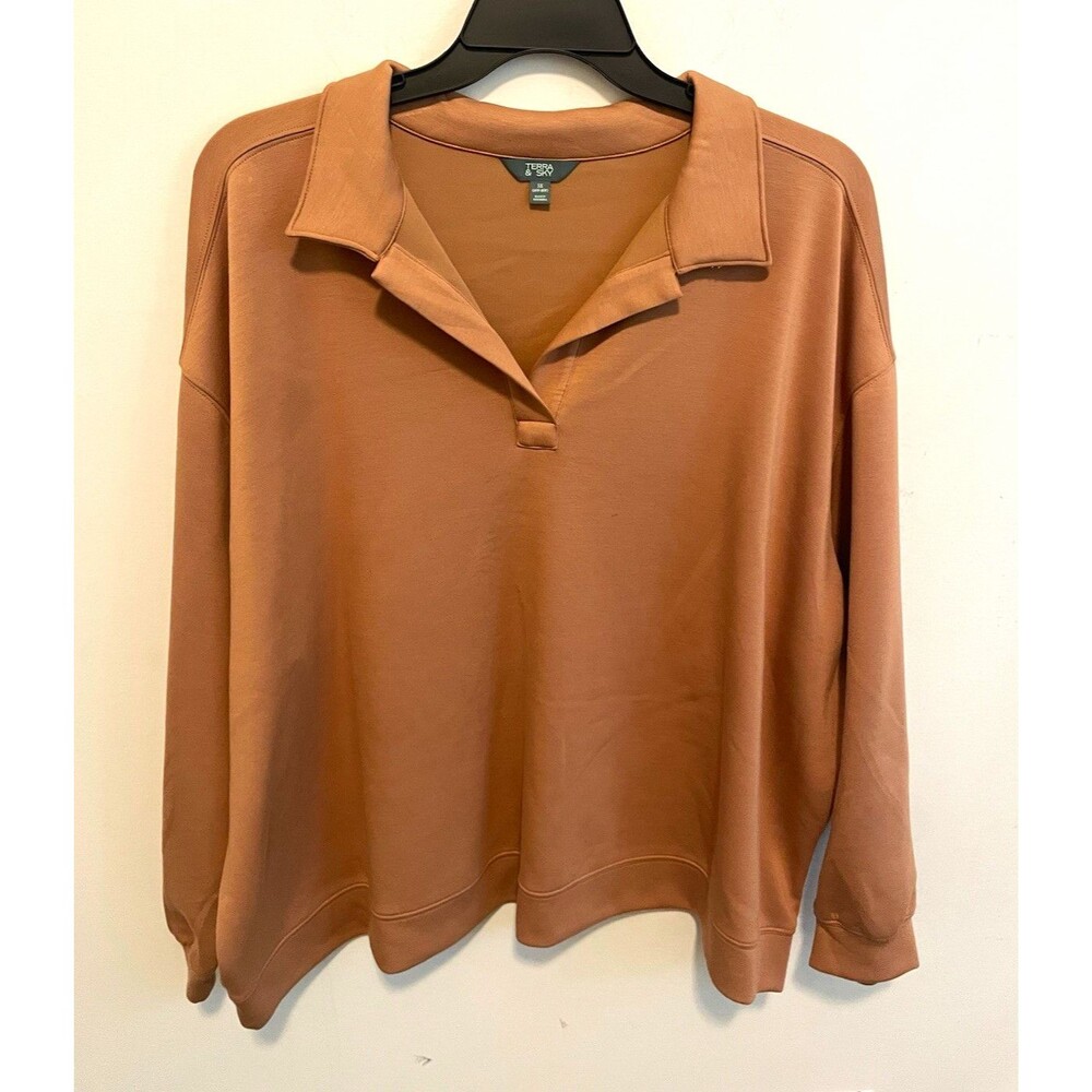 Terra & Sky Women’s Brown Scuba Recycled Polyester Pullover Collared 3X